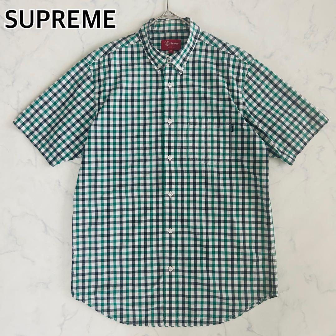 00s SUPREME シュプリーム ギンガムチェック 半袖シャツ ボタンダウン ヴィンテージ M グリーン ブラック ホワイト 拍卖