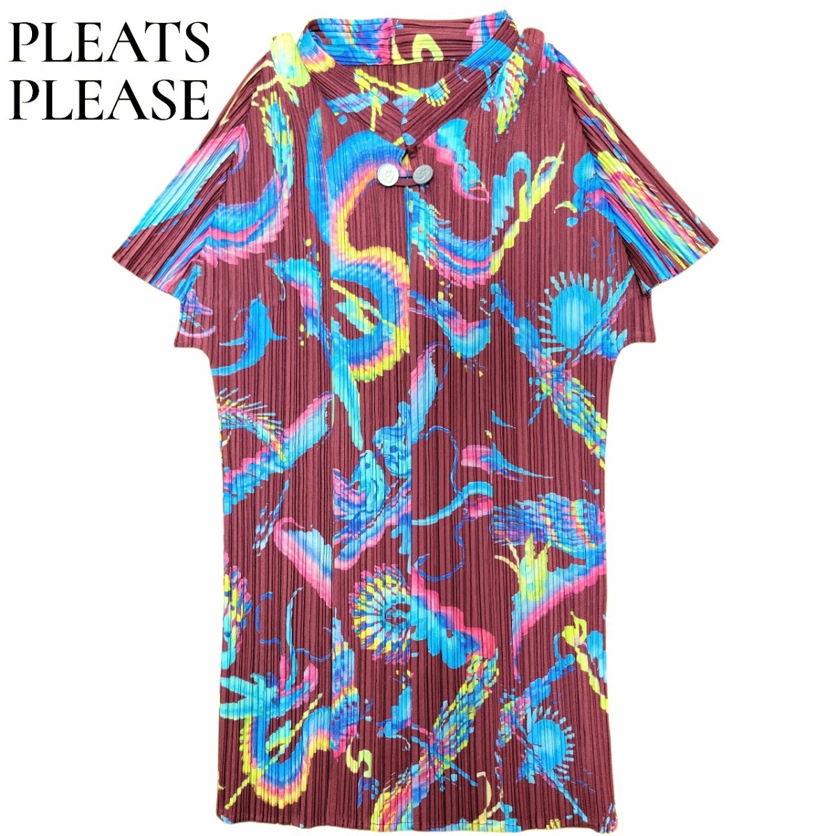 未使用級 プリーツプリーズ チャイナボタン 幻獣 中国 龍 鳳凰 シャツ PLEATS PLEASE ISSEY MIYAKE イッセイミヤケドラゴン 縁起柄 シャツ 拍卖