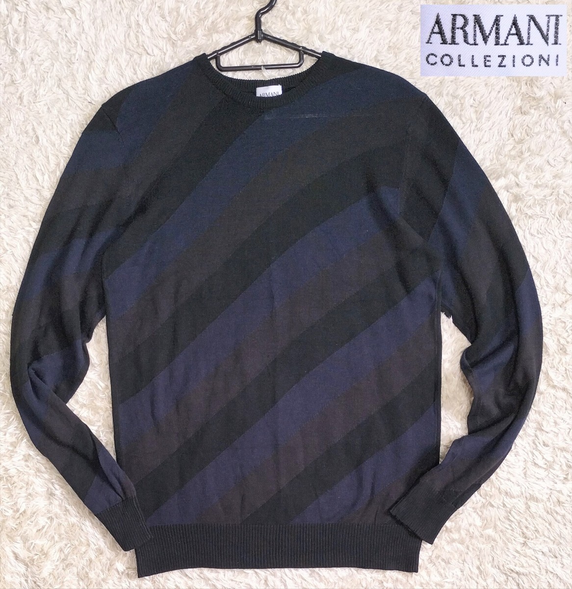 【シルク70%★】サイズ48 美品 ARMANI COLLEZIONI バイアスストライプ ニットセーター/黒●アルマーニコレツィオーニ (9)拍卖