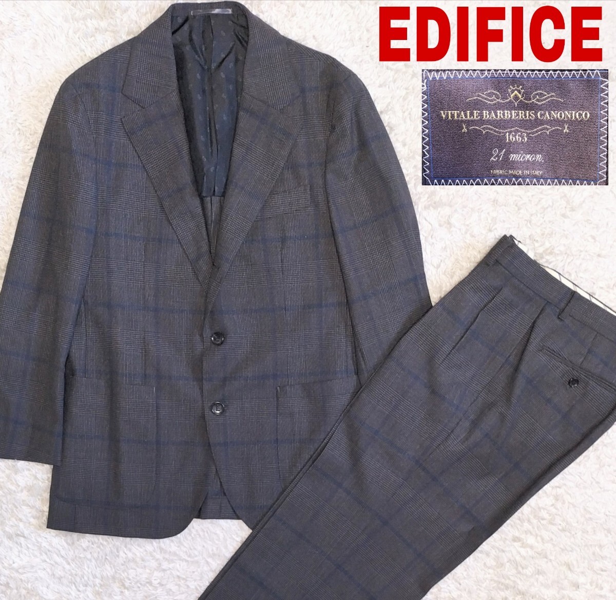 【超美品★22年モデル】サイズ44 エディフィス◆段返り3B セットアップスーツ 上下セット●グレーグレンチェック☆カノニコ生地 (9171)拍卖