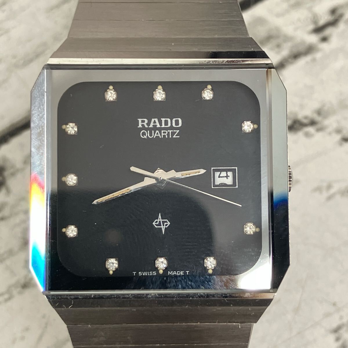 ラドー RADO 腕時計 ブラック文字盤 スクエア クォーツ QZ デイト 22093401 動作未確認 シルバーカラー【8502】拍卖