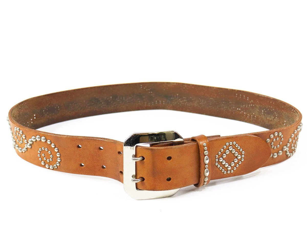 Sinya Leather (新屋レザー) DOUBLE PIN STUDS BELT / ダブルピン スタッズベルト 美品 ベージュ w34拍卖