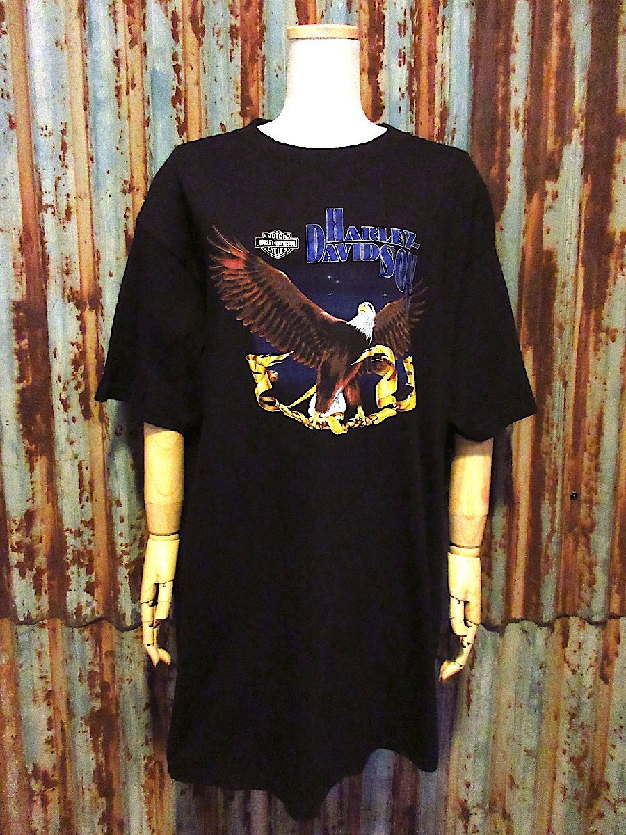 ビンテージ90’s●HARLEY DAVIDSONイーグルプリントTシャツ黒size XL●250919j5-m-tsh-ot古着1990sハーレーダビッドソン拍卖