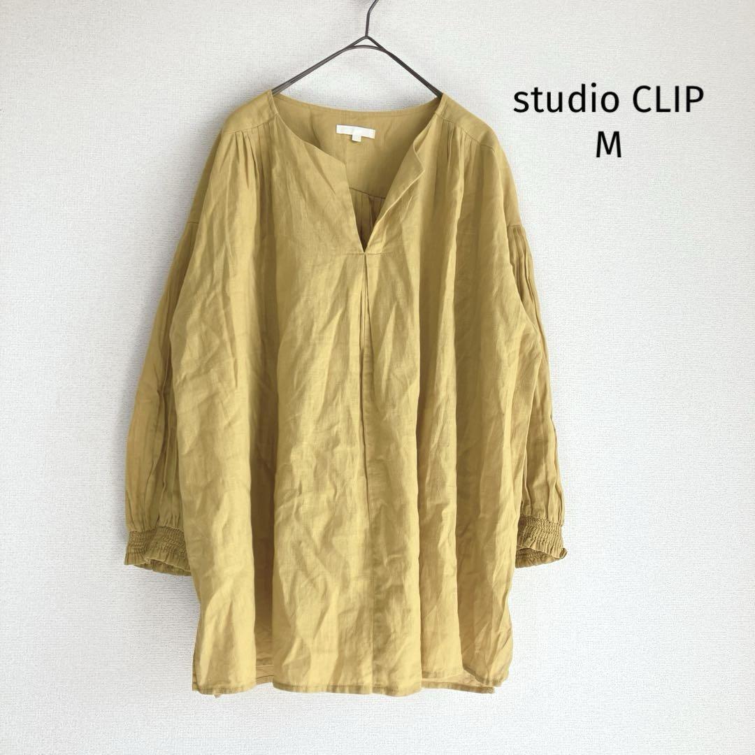 良品スタディオクリップ リネン 麻混 ブラウス M 七分袖 山吹色 タック拍卖