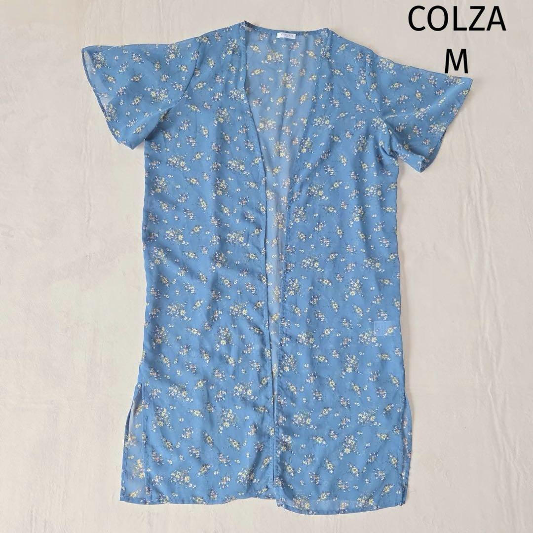 良品コルザ COLZA シャツカーディガン 羽織り 花柄 M ブルー 薄手拍卖
