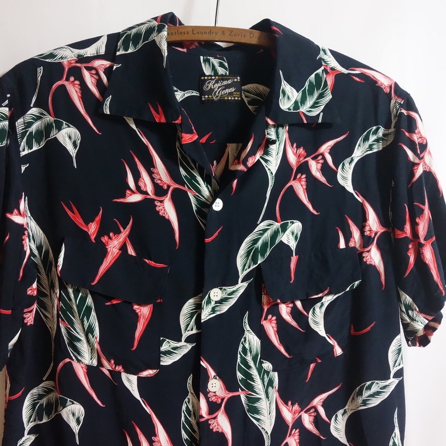 【児島ジーンズ KOJIMA GENES リーフ柄 レーヨン アロハシャツ L】RNB-2003 オープンカラーシャツ 岡山県児島拍卖