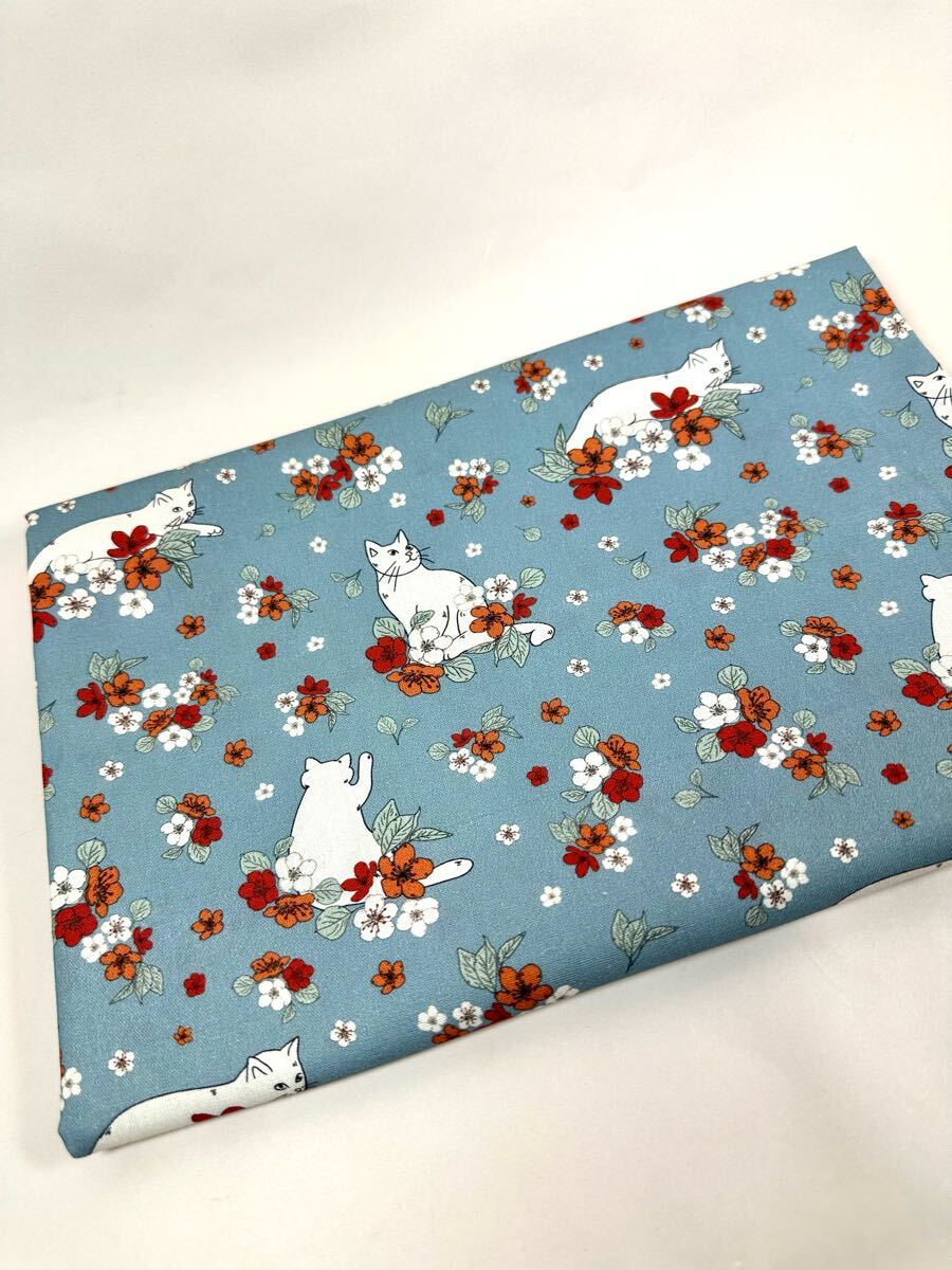 USAシーチング綿100%.生地幅110cm×50cm.青地.猫花.2827拍卖