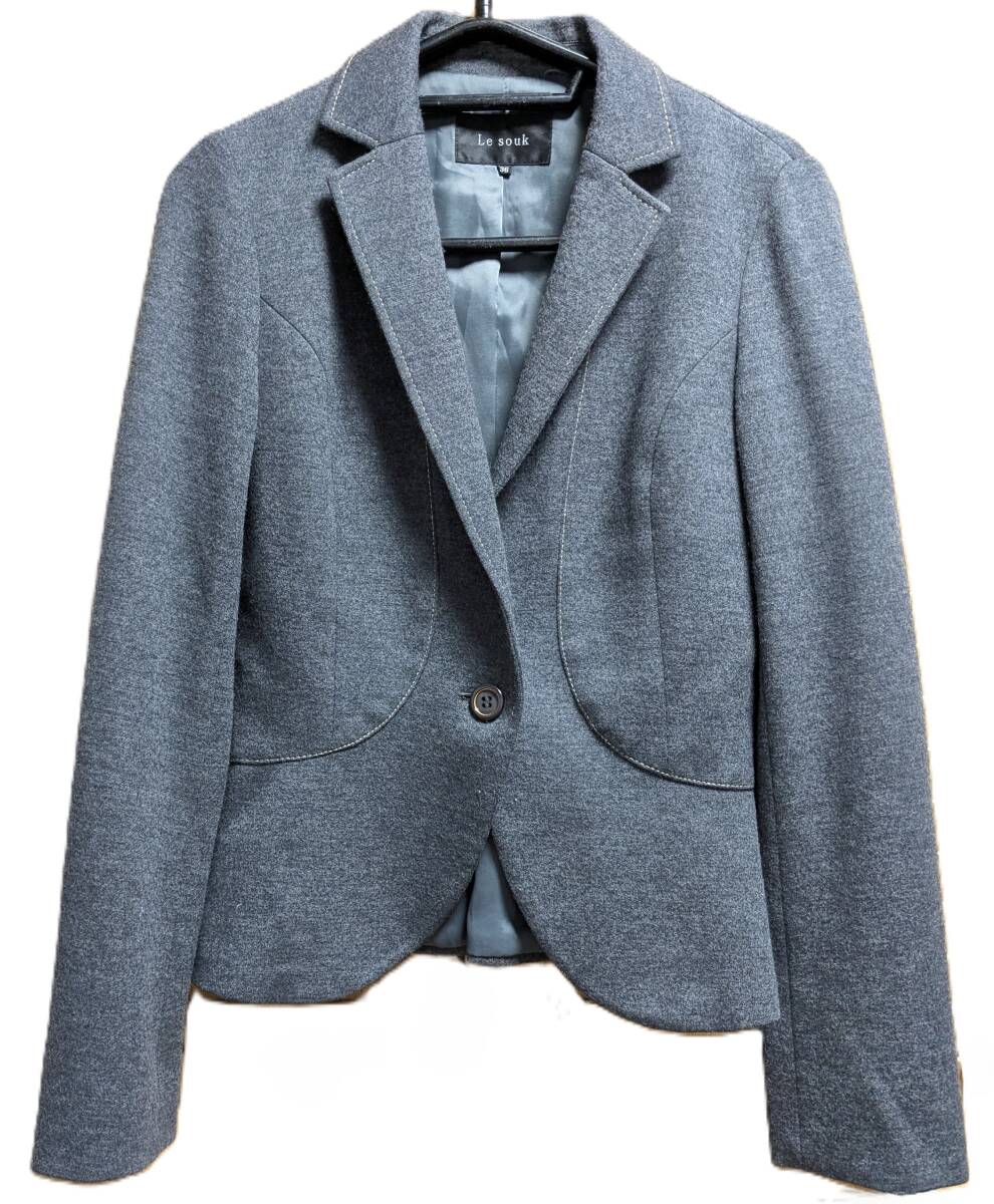★美品激安★小柄な方に♪Le soukルスーク灰色グレー1つボタンウールマーク有アンゴラ混ウールジャケット36♪シルエット綺麗XS~SS~拍卖