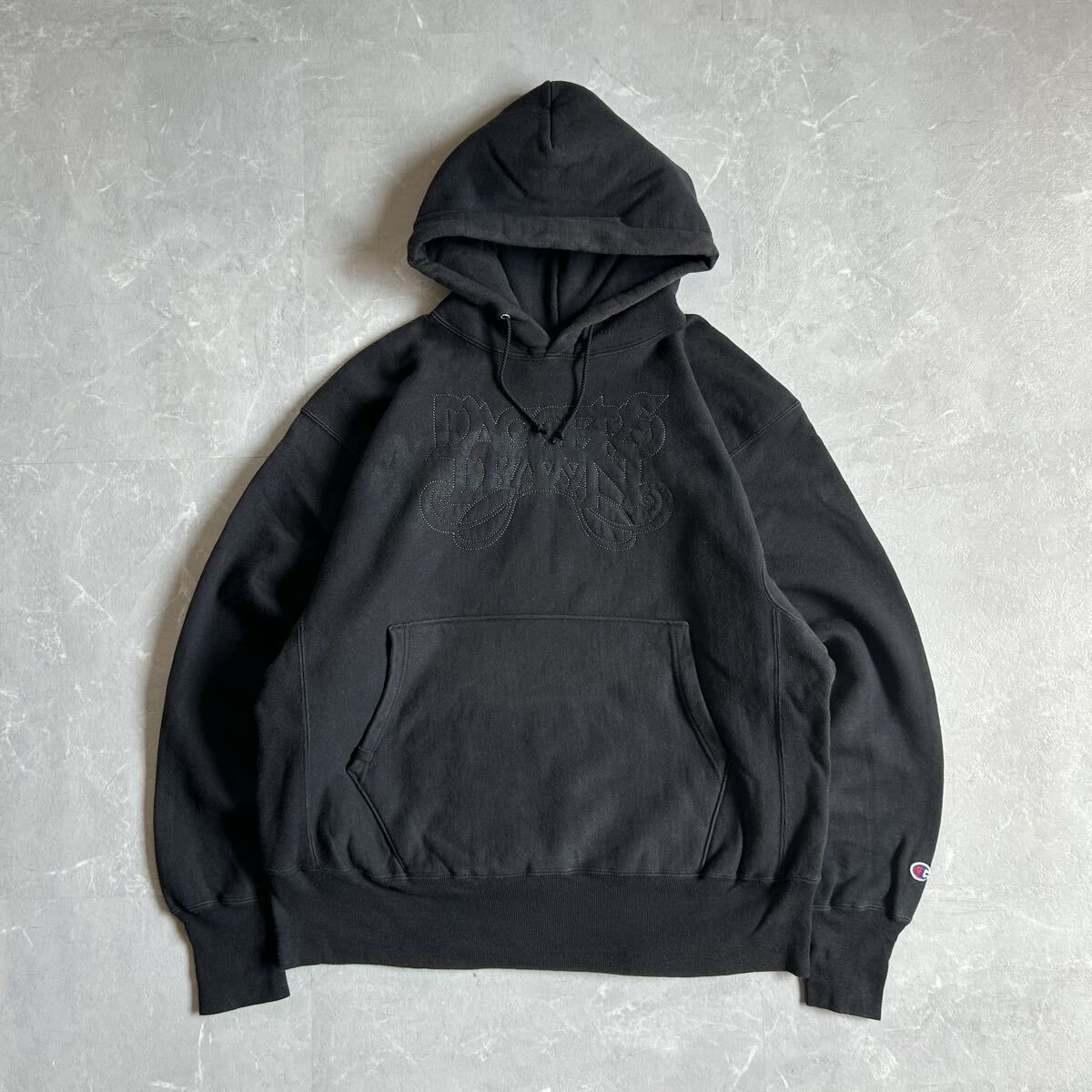 90s champion リバースウィーブ パーカー Daggers Drawn チャンピオン フーディー REVERSE WEAVE メンズ L 古着 3色タグ ブラック 刺繍拍卖