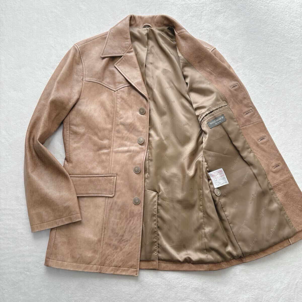 美品 WIND ARMOR ウィンドアーマー ニチワ レザー テーラードジャケット ブラウン 茶色 ライダース カジュアル ボタンダウン拍卖