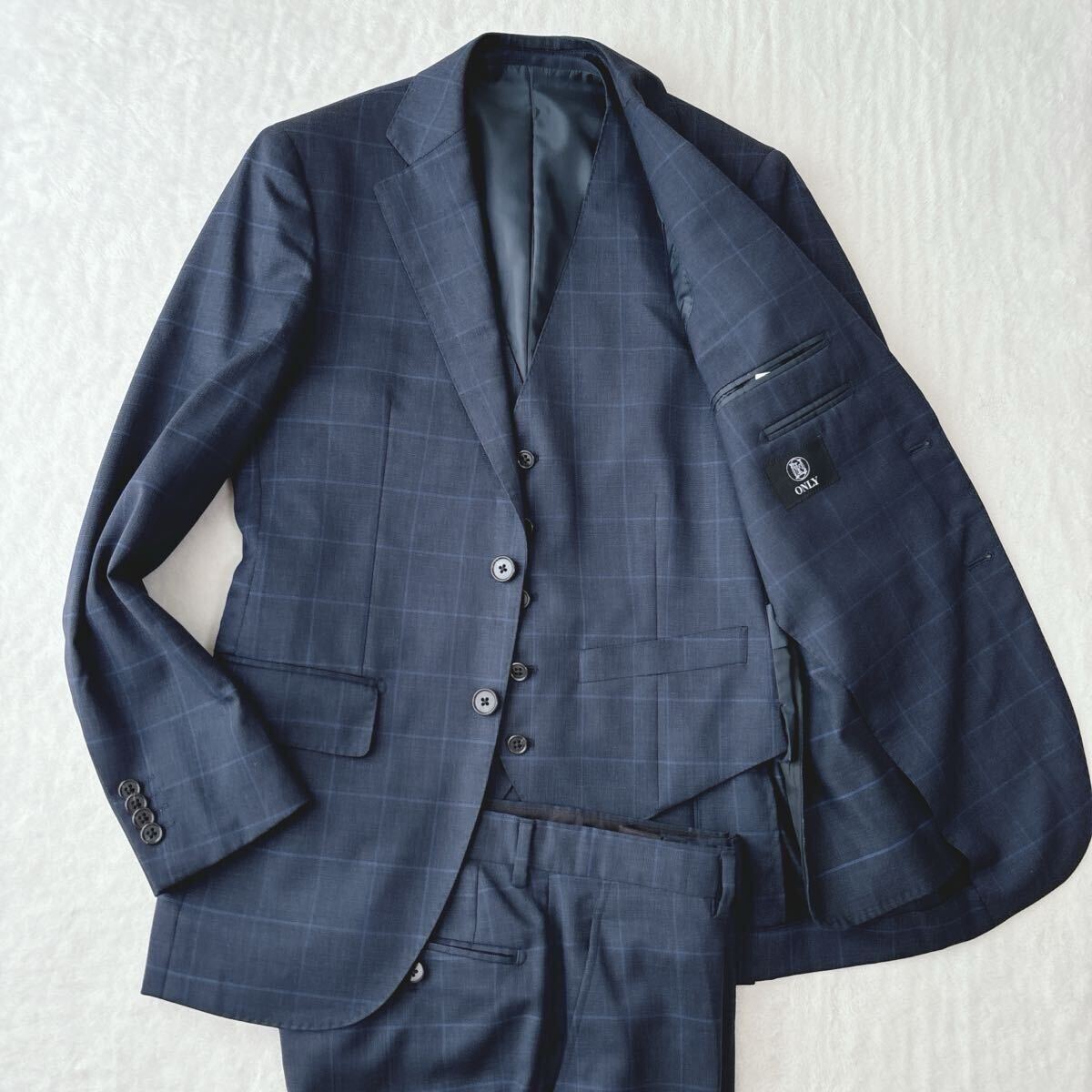 美品 オンリー ONLY スリーピーススーツ ネイビー ウィンドウペン ビジネスマン 紳士服 テーラードジャケット ジレ スラックス拍卖