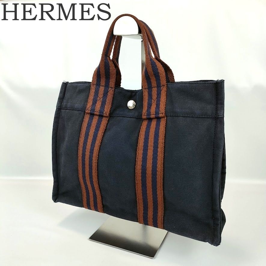 HERMES エルメス フールトゥ PM ミニ トートバッグ ハンドバッグ キャンバス ネイビー 紺 ブラウン ブランド 中古 手提げ鞄 通勤 通学 人気拍卖