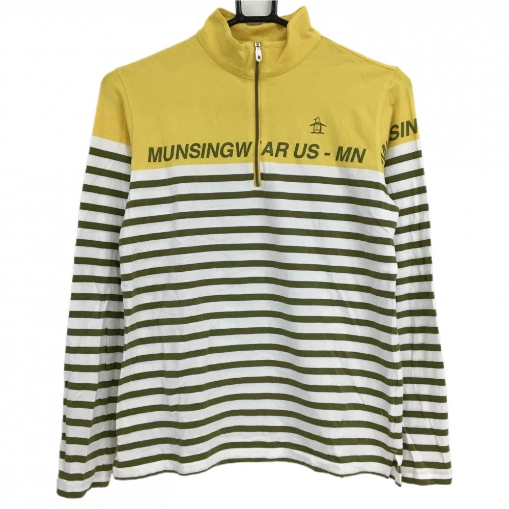 【美品】マンシングウェア 長袖ハイネックシャツ イエロー×白×カーキ 下部ボーダー レディース L ゴルフウェア Munsingwear拍卖