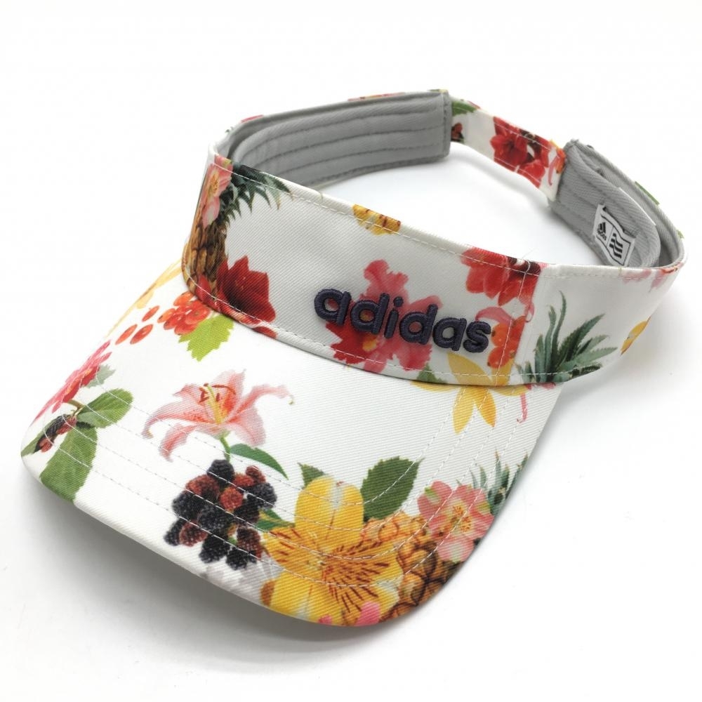 【超美品】アディダス サンバイザー 白×マルチカラー 花柄 立体ロゴ フリー(56-58cm) ゴルフウェア adidas拍卖