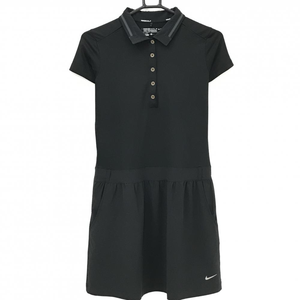 【美品】ナイキゴルフ 半袖ポロワンピース 黒 インナーパンツ付き 裾ロゴ レディース S ゴルフウェア NIKE拍卖