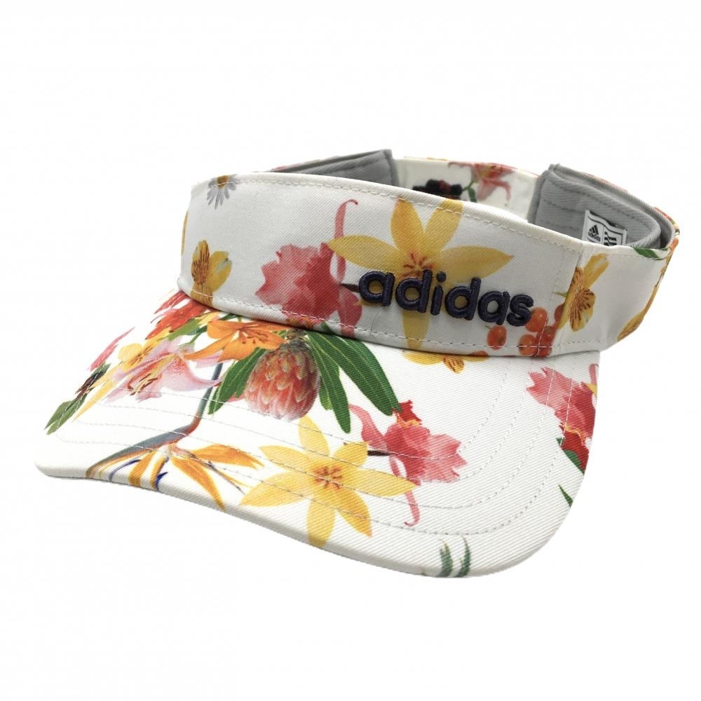 【美品】アディダス サンバイザー 白×マルチカラー 花柄 フリー(56-58cm) ゴルフウェア adidas拍卖
