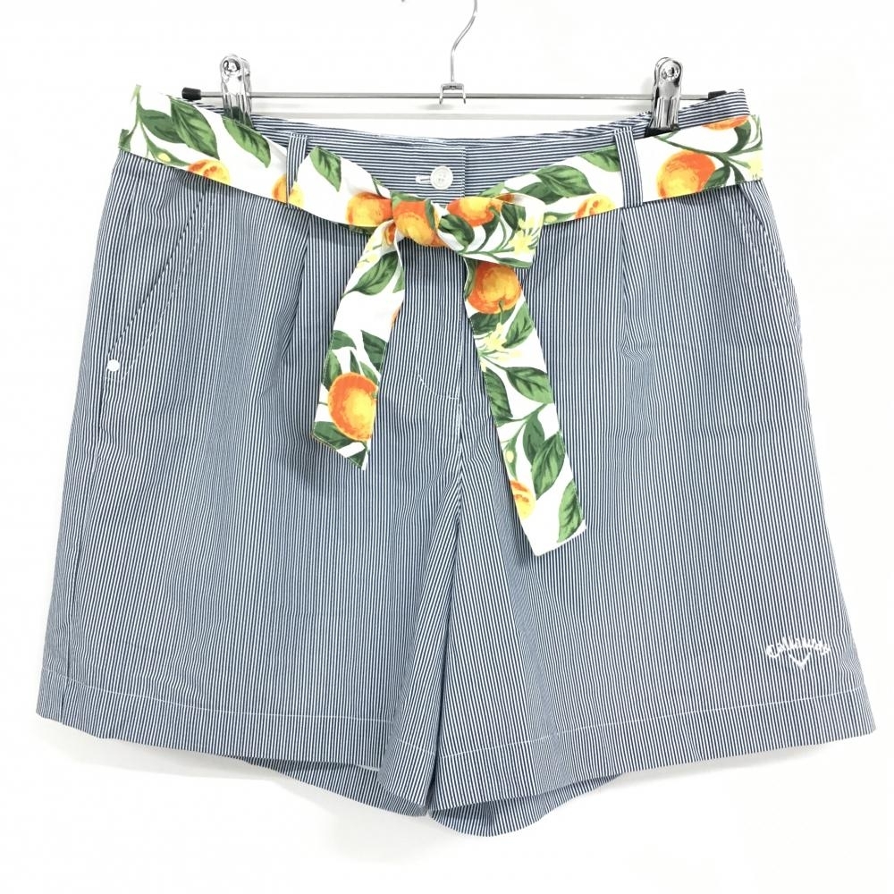 【超美品】キャロウェイ キュロットスカート ネイビー×白 ストライプ柄 ロゴ刺しゅう 布ベルト付 レディース LL ゴルフウェア Callaway拍卖