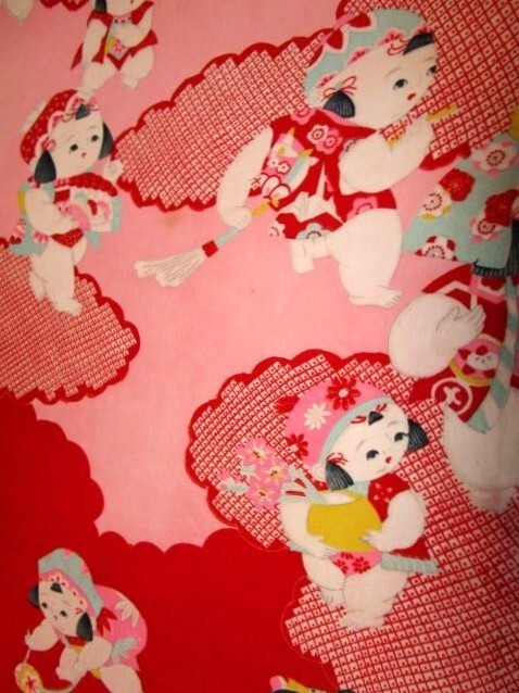 F-41★赤ピンク*祭り唐子*狛犬*宝船*正絹*古布はぎれ★吊るし雛/市松人形/一閑張り/文化人形拍卖
