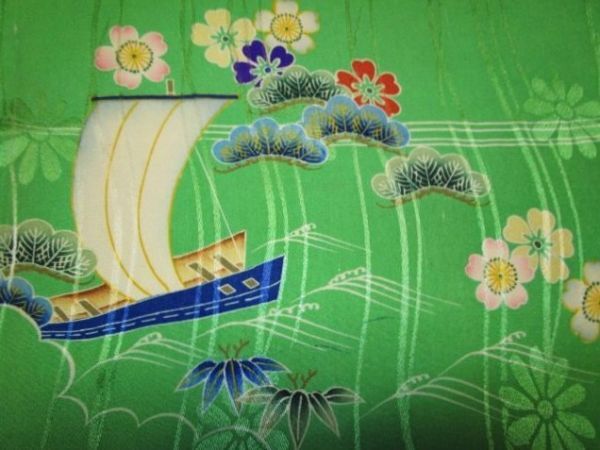 F-46★緑地*船*橋*桜*松竹梅*正絹*綸子*古布はぎれ★吊るし雛/市松人形/一閑張り/文化人形拍卖