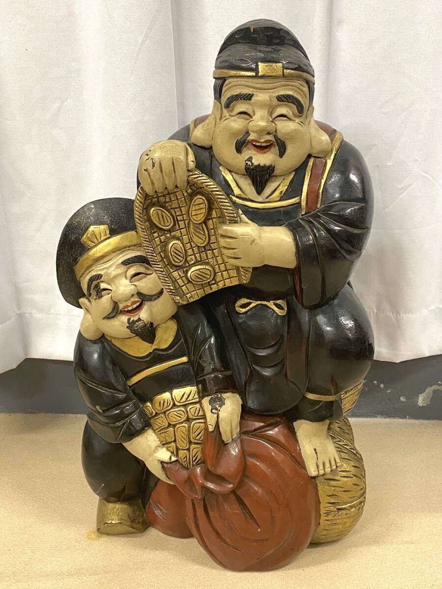 【F488S】木製 特大 大黒天 木彫り 置物 幅約35cm 高さ約60cm 重さ約9kg前後 縁起物 インテリア オブジェ拍卖