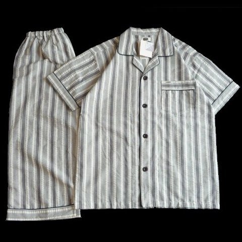 新品 ボーダー パジャマ EDWIN エドウイン メンズ M 半袖 7分丈ズボン 介護 大きいボタン 紳士 寝巻 ルームウェア ナイトウェア 綿 開襟拍卖