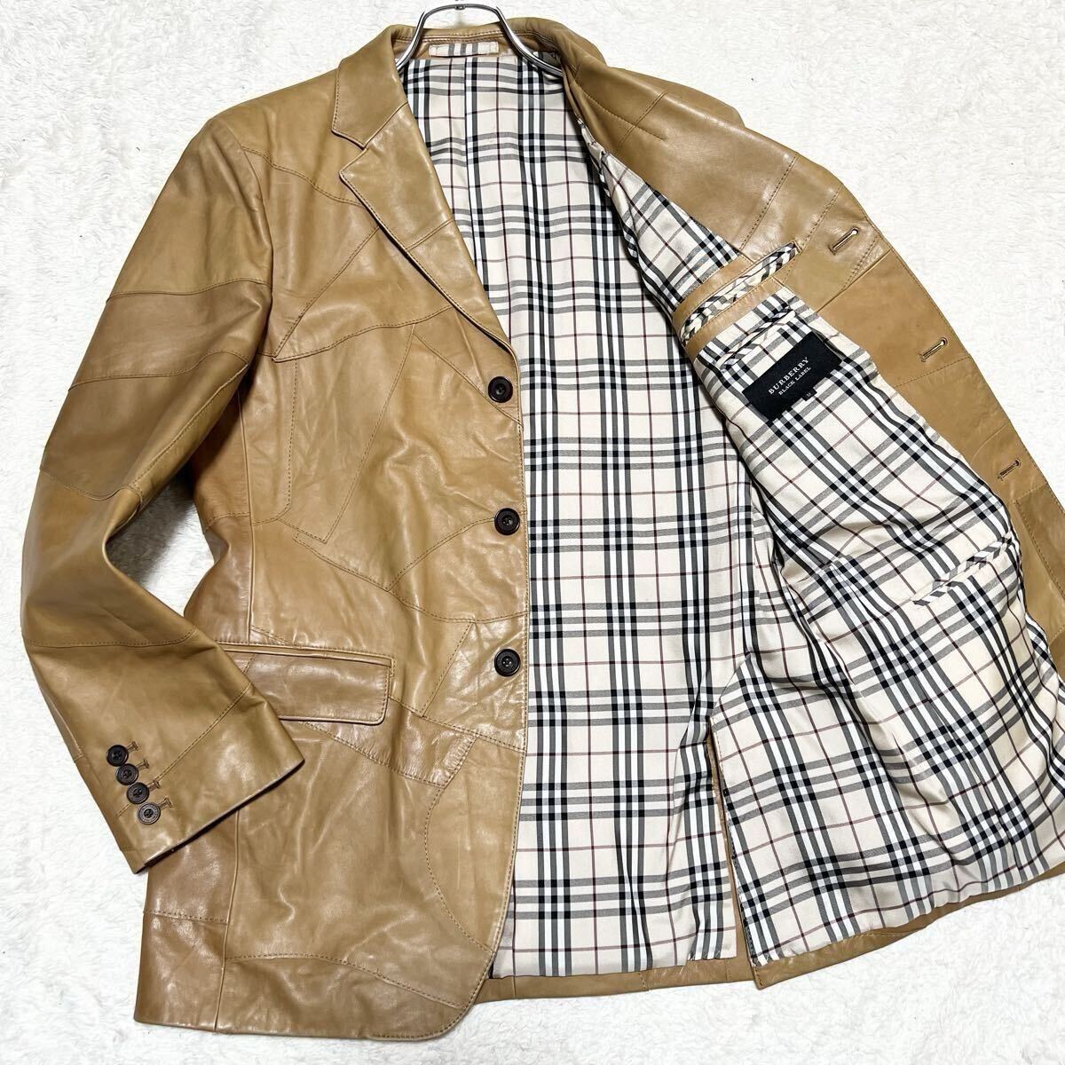 美品 バーバリーブラックレーベル 牛革テーラードジャケット M ベージュ 本革 カウレザー パッチワーク ノバチェック BURBERRY BLACK LABEL拍卖