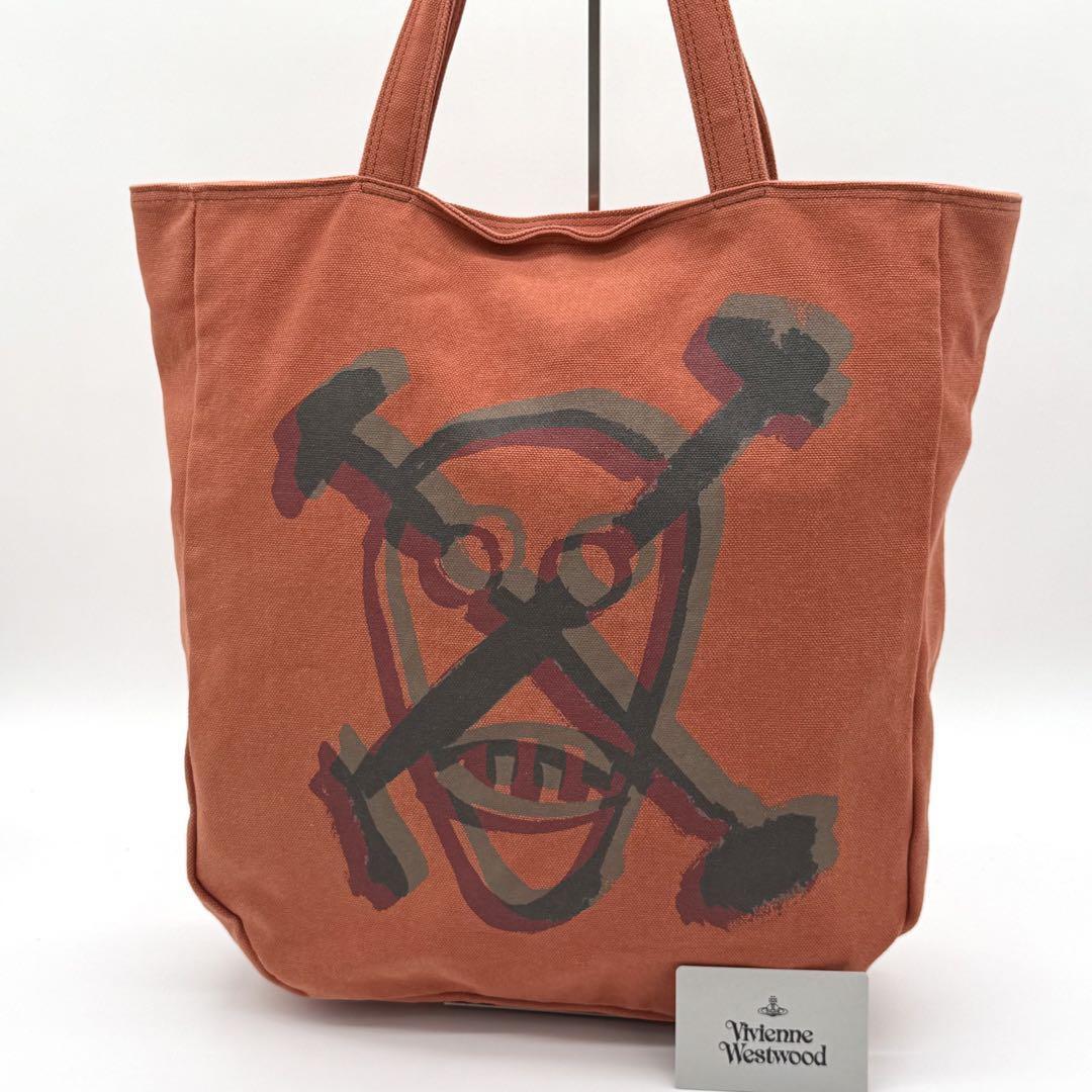 【美品】VivienneWestwood ヴィヴィアンウエストウッド トートバッグ BIGトート ドクロ キャンバス オレンジ メンズ レディース EA610914拍卖