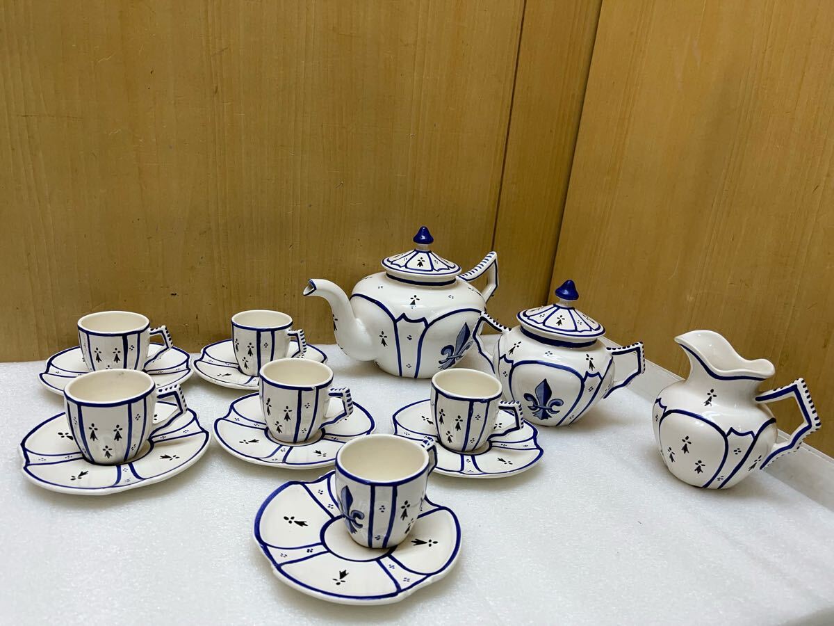 RE4425 フランス陶器 ソーサー&カップ ティーポット 他 QUIMPER 手描き・ハンドメイドビンテージ 外国民芸 現状品 0509拍卖