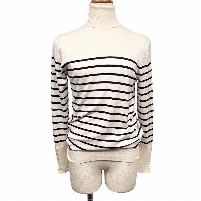 ザラ 薄手 ニット タートルネック セーター ボーダー 長袖 レーヨン×ナイロン×ポリウレタン L ライトベージュ ベージュ×紺 レディース拍卖