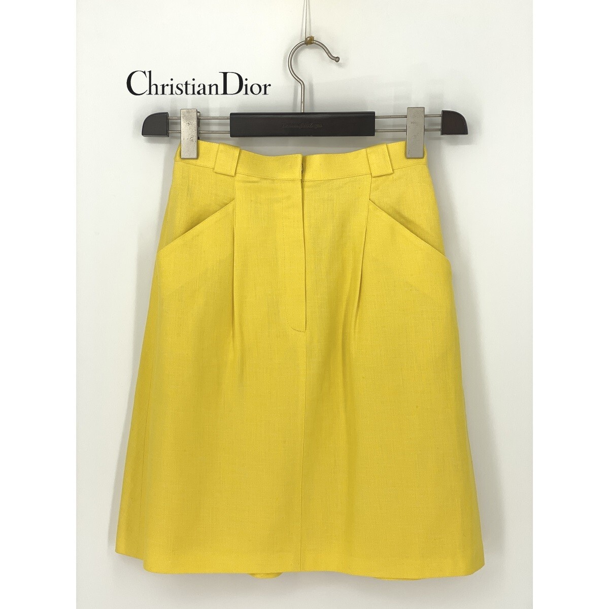 B0334/ビンテージ 極美品 Christian Dior クリスチャンディオール リネン コットン ウエストゴム タイト 台形 スカート M 黄色 レディース拍卖