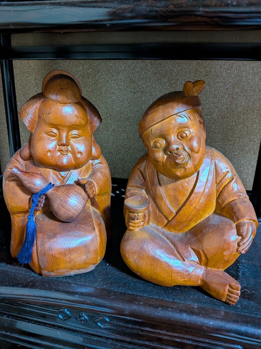 即決!木彫りおかめひょっとこ置物オブジェ彫刻縁起物オカメ火男拍卖