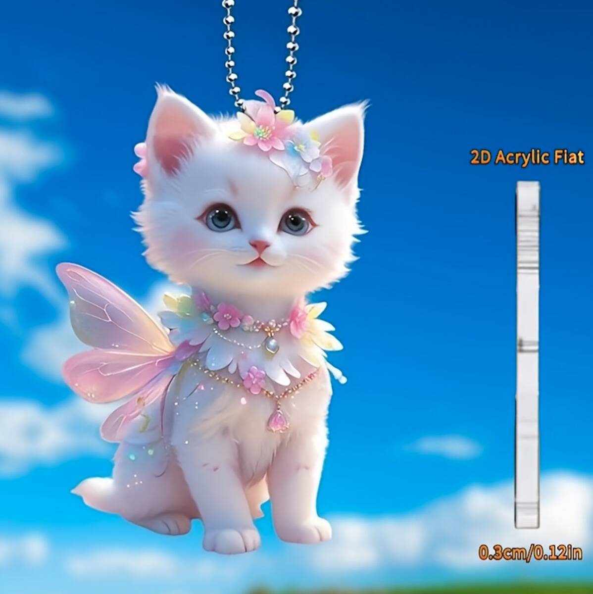 キーホルダー ねこ 花飾り 女の子 アクリル 猫 8cm 平面 2D 大きめ おしゃれ バックミラー かわいい ネコ 動物 アニマル インテリア t5751拍卖