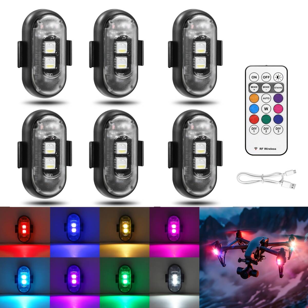 6個セット ワイヤレス LED 8色 ストロボライト 自転車 バイク リモコン付き サイドライト 補助ライト 4cm 12V 6LED マーカーライト t8563拍卖