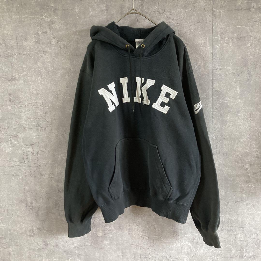 90s ナイキ ビッグロゴ刺繍パーカー ダークグレー ヴィンテージ 銀タグ拍卖