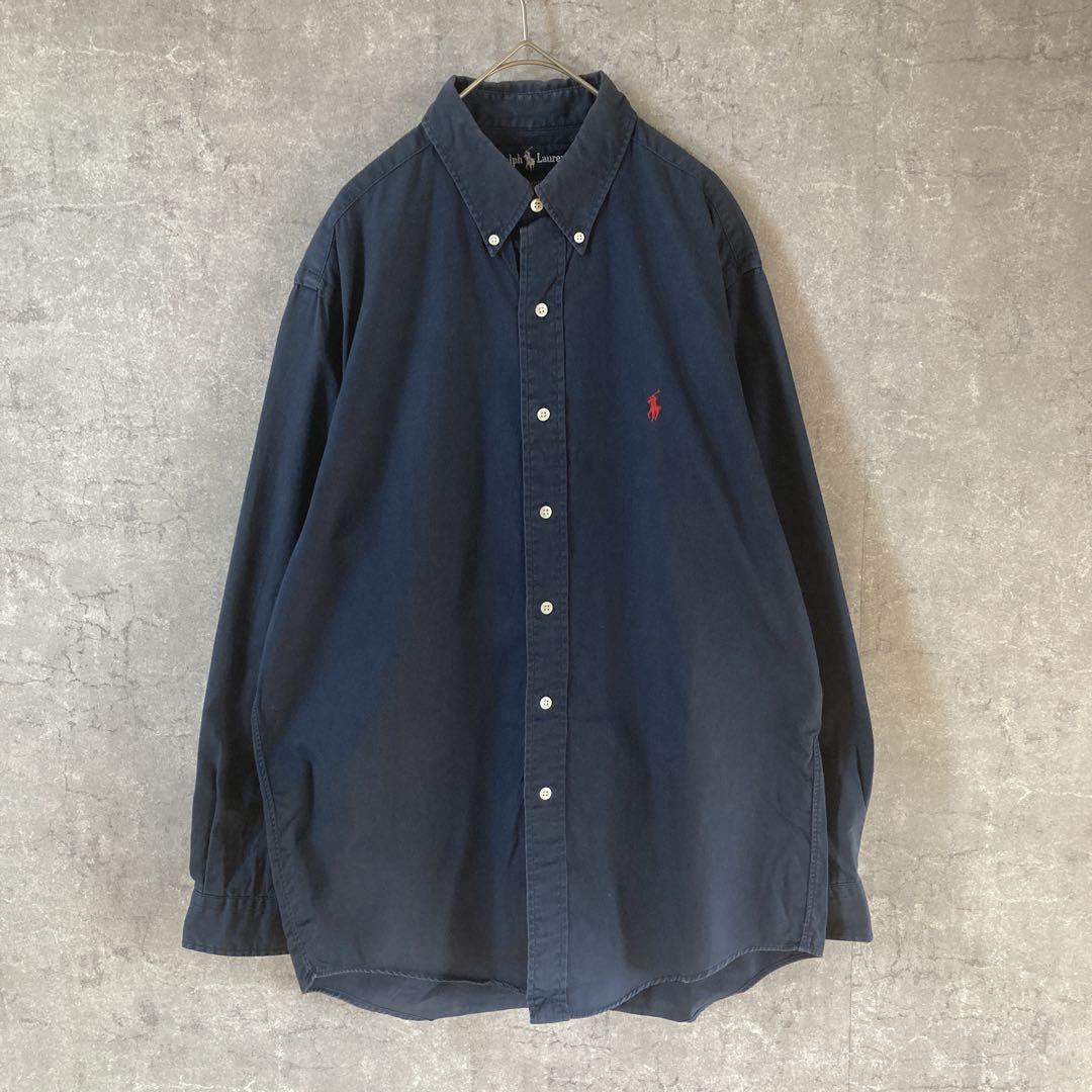 90s】ラルフローレン 刺繍ロゴBDシャツ オーバーサイズ メンズ 紺拍卖