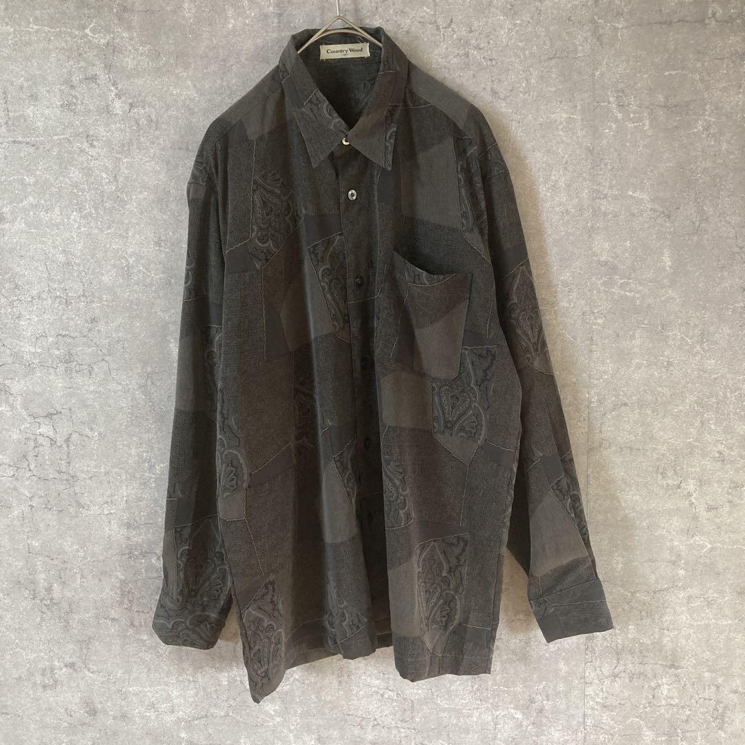 ペイズリー柄 長袖 モノトーン ポリシャツ ゆったりMサイズ拍卖