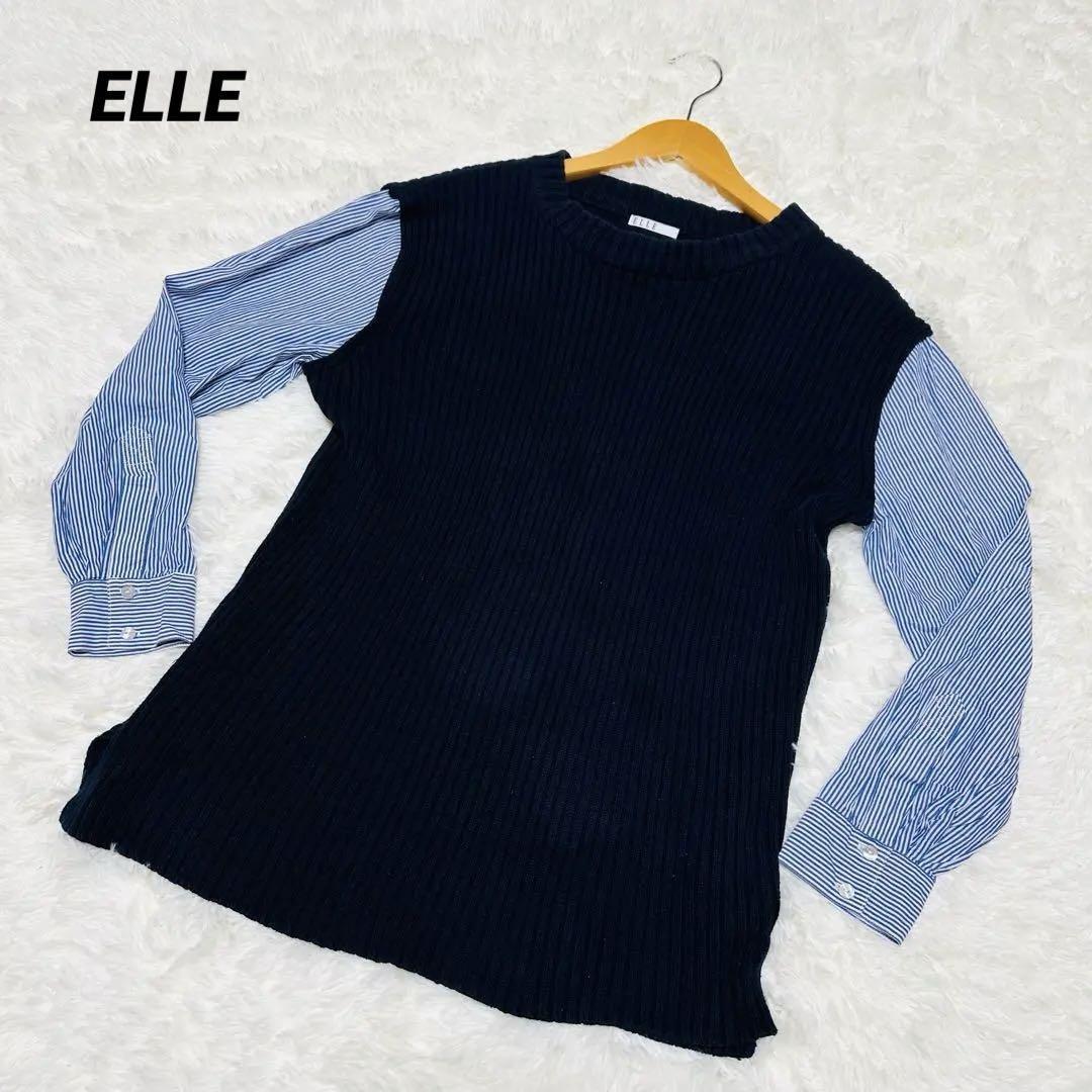 【エル】/ELLE/リブ編みトップス/ネイビー&ストライ/長袖/イトキン拍卖
