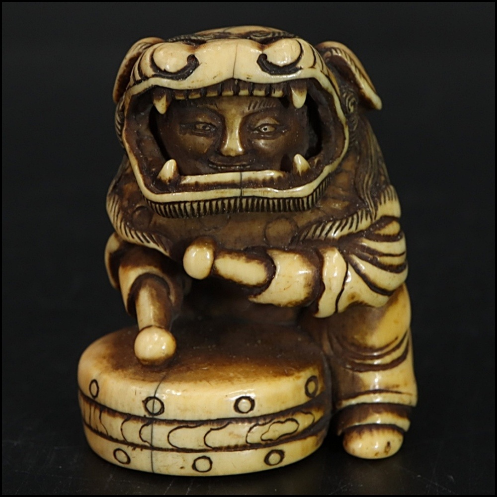 時代◇獅子舞太鼓◇根付◇木箱付◇ 印籠 根付 提げ物 提物 帯締拍卖