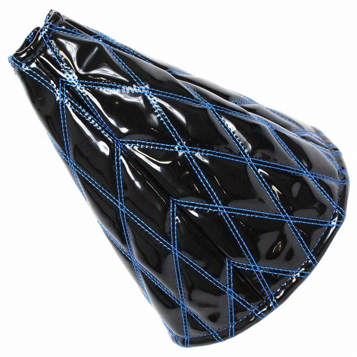 汎用 4トン トラック~大型トラック 25cm シフトブーツ カバー エナメル調 ブラック×ブルー ダブルステッチ ダイヤカット キルティング拍卖