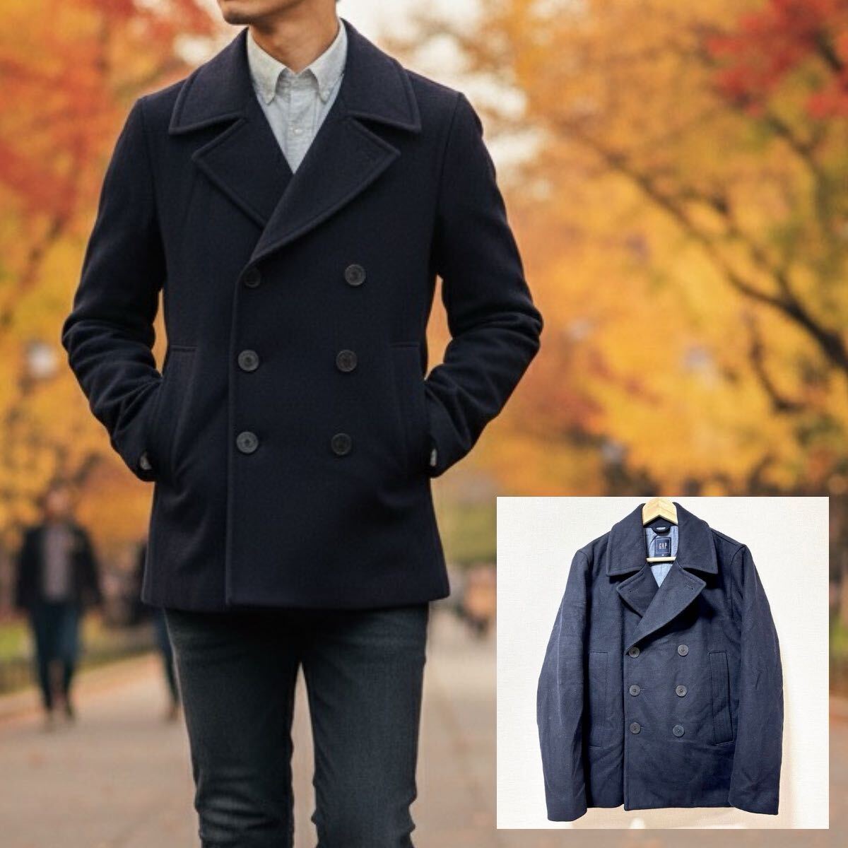 小さめサイズ◎正統派◎【GAP】ギャップ ピーコート Pコート 紺 中綿 メルトン ウール ショート丈 通学 通勤 メンズ サイズXS/Y25531Sm拍卖