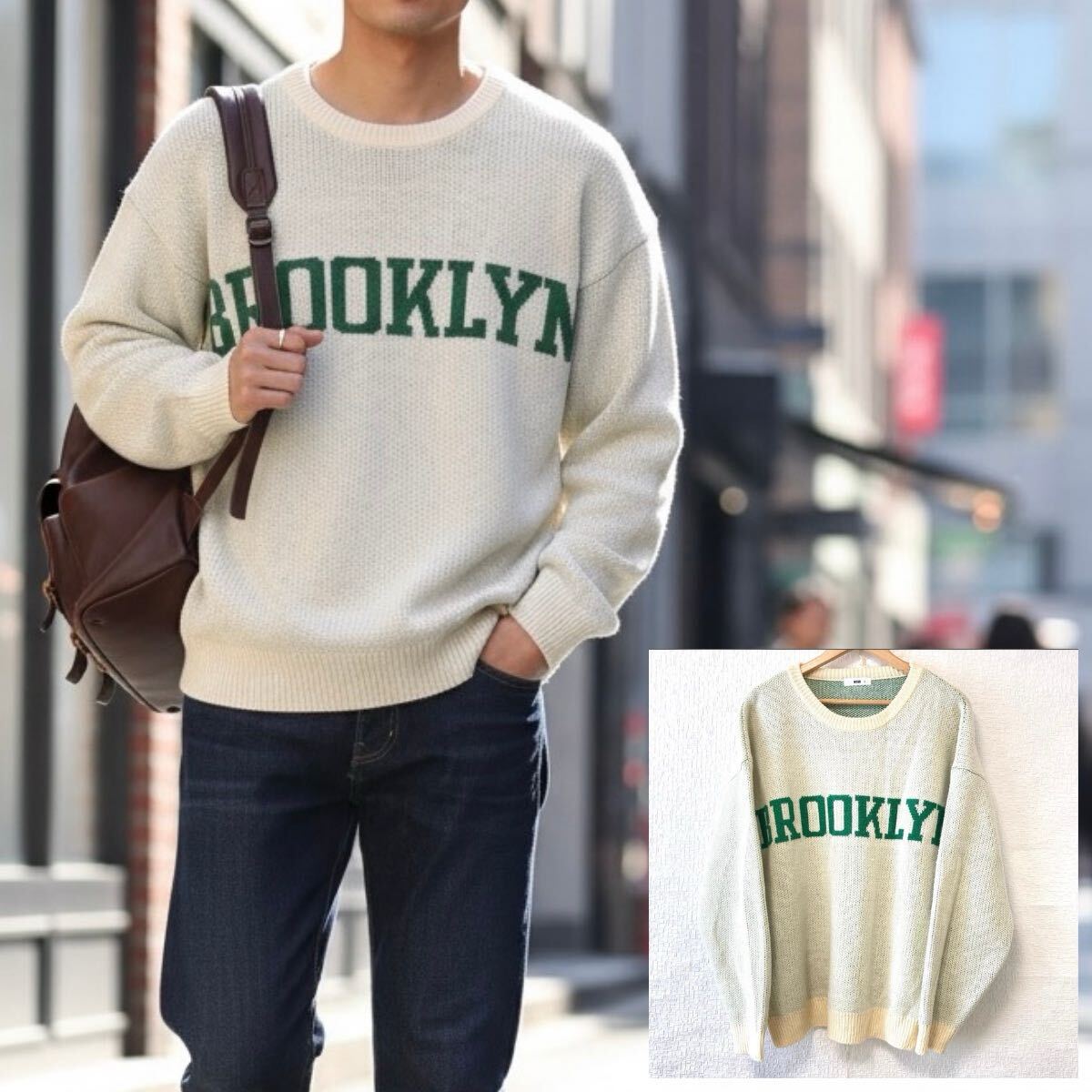 旬なオーバーサイズ【WEGO】ウィーゴー カレッジロゴ ビッグ セーター ニット プルオーバー ブルドッグ オフホワイト 男女兼用 F/Y25463Um拍卖