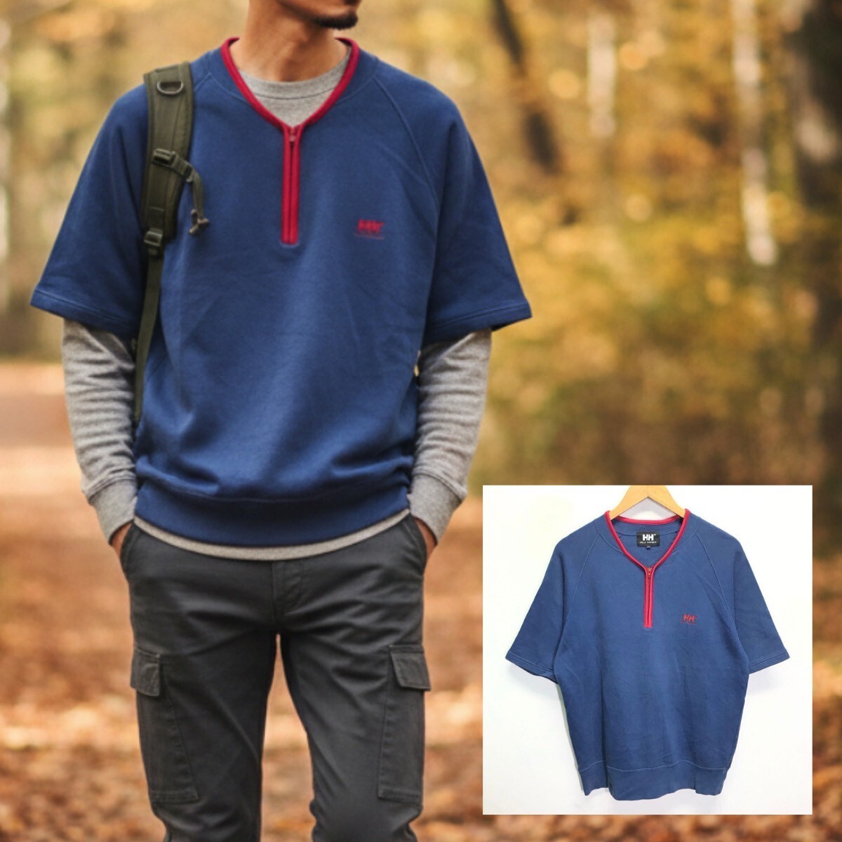 ゴールドウィン社製◎【HELLY HANSEN】ヘリーハンセン 半袖 スウェット トレーナー ハーフジップ アウトドア キャンプ BBQ 紺 M /Y34051ii拍卖