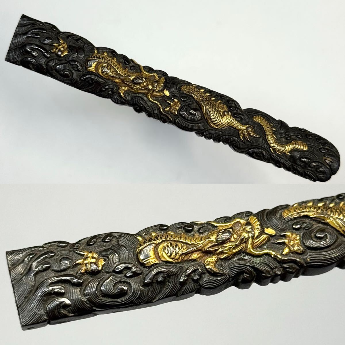 波龍図 小柄 赤銅地 高彫 金色絵 細密 時代 桐箱付 (検) 刀装具 小道具 小柄 笄 縁頭 鍔 鐔拍卖
