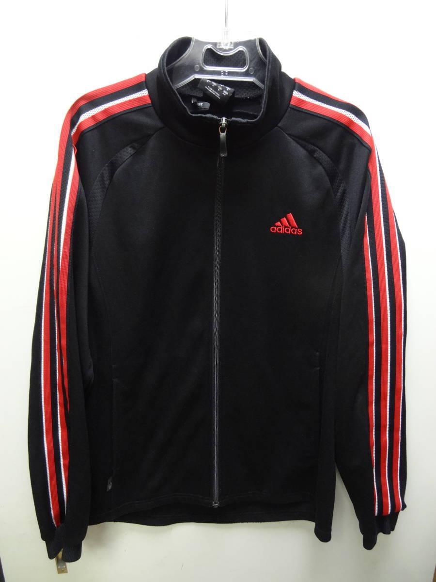 全国送料無料 正規品 アディダス adidas メンズ 黒色 赤白肩ライン ポリエステル100%素材 ジャージトップス Mサイズトラックジャケット拍卖