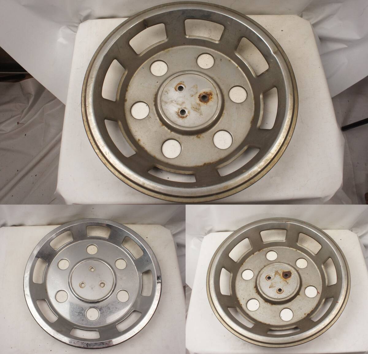 3枚 ホイールキャップ 6穴 三菱ふそう ホイールカバー 鉄チン 当時物 レトロ 錆あり デコトラ DX 参考 キャンター CANTER FB501B他 @2135d拍卖