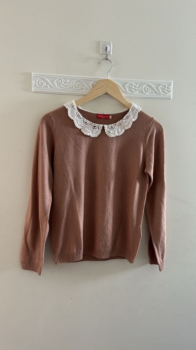 earth music&ecology アースミュージックアンドエコロジー 襟レースニット 長袖ニット セーター ニットプルオーバー ピンク M拍卖