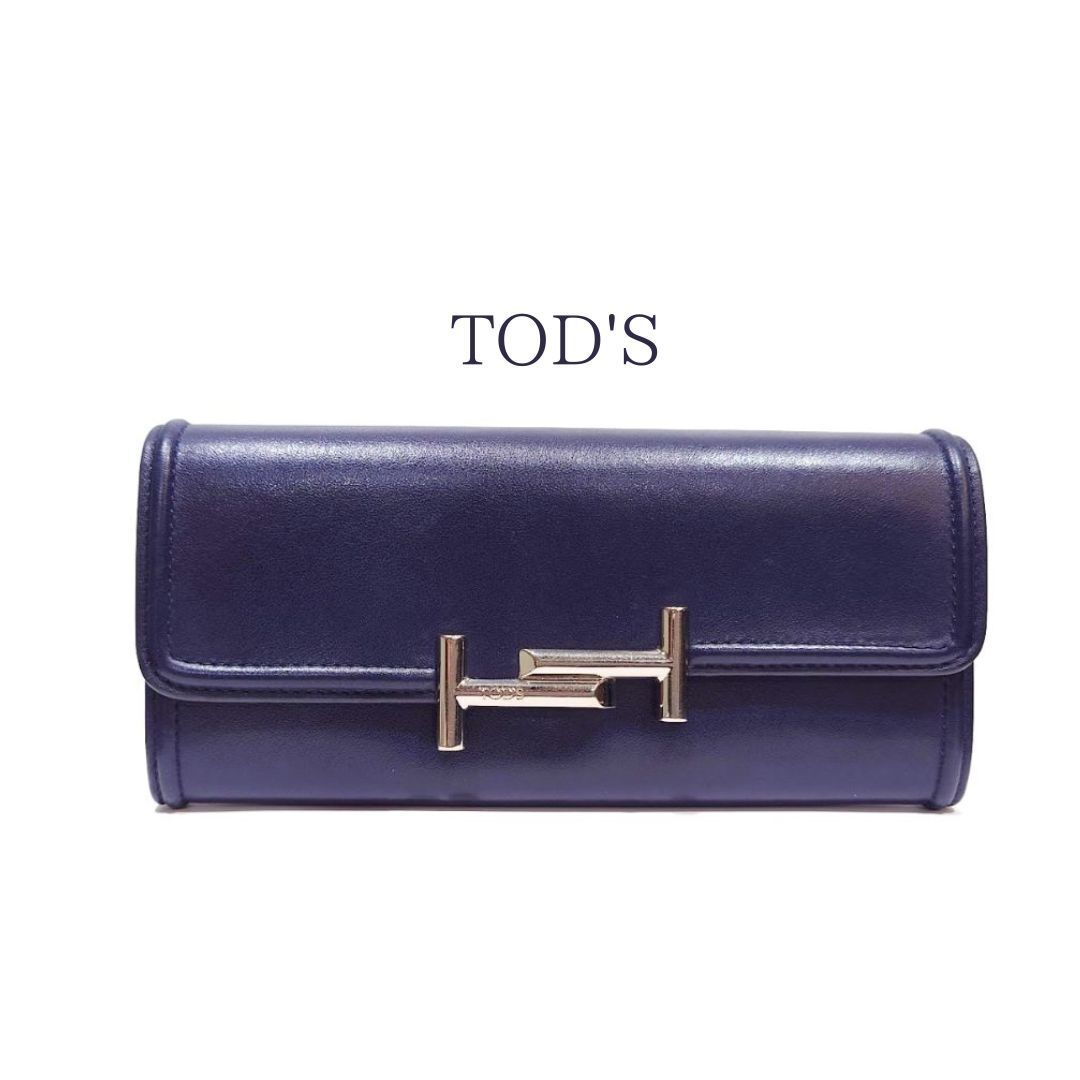 【送料無料】TOD’S トッズ メタルロゴ ダブルT ロングウォレット 長財布 カーフレザー ネイビー 濃紺拍卖