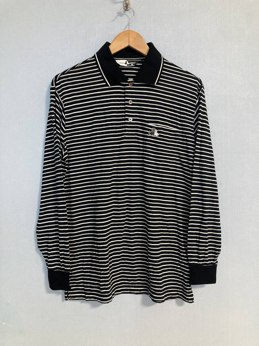 ★美品 Black&White ブラックアンドホワイト ボーダー柄 長袖ゴルフシャツ M 日本製 レーヨン ポロシャツ 長袖シャツ ブラック&ホワイト拍卖