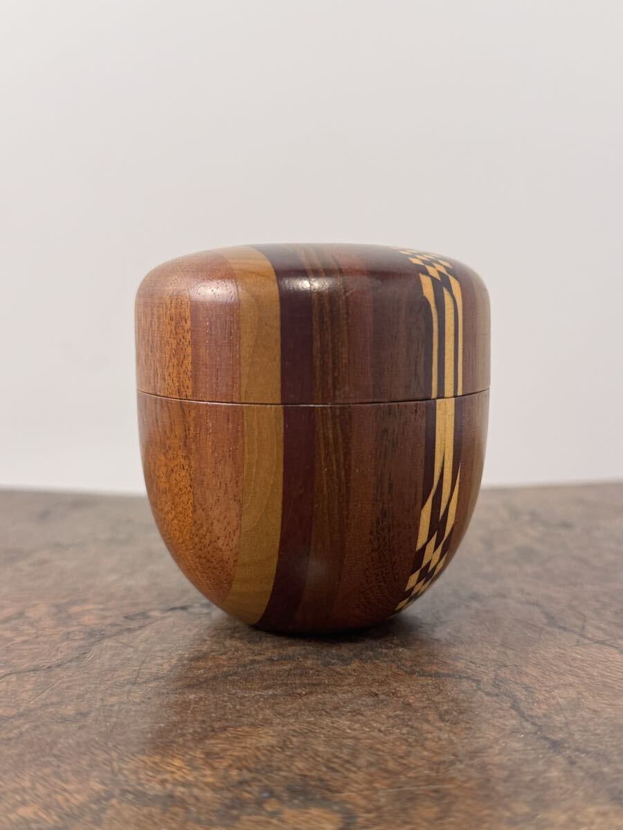 希少 箱根 寄木細工 木象嵌 拭き漆 中棗 茶入 木製 検(表千家 裏千家 茶碗 茶道具 菓子器 菓子鉢 茶入 棗 水指 建水 からくり細工 漆器 拍卖