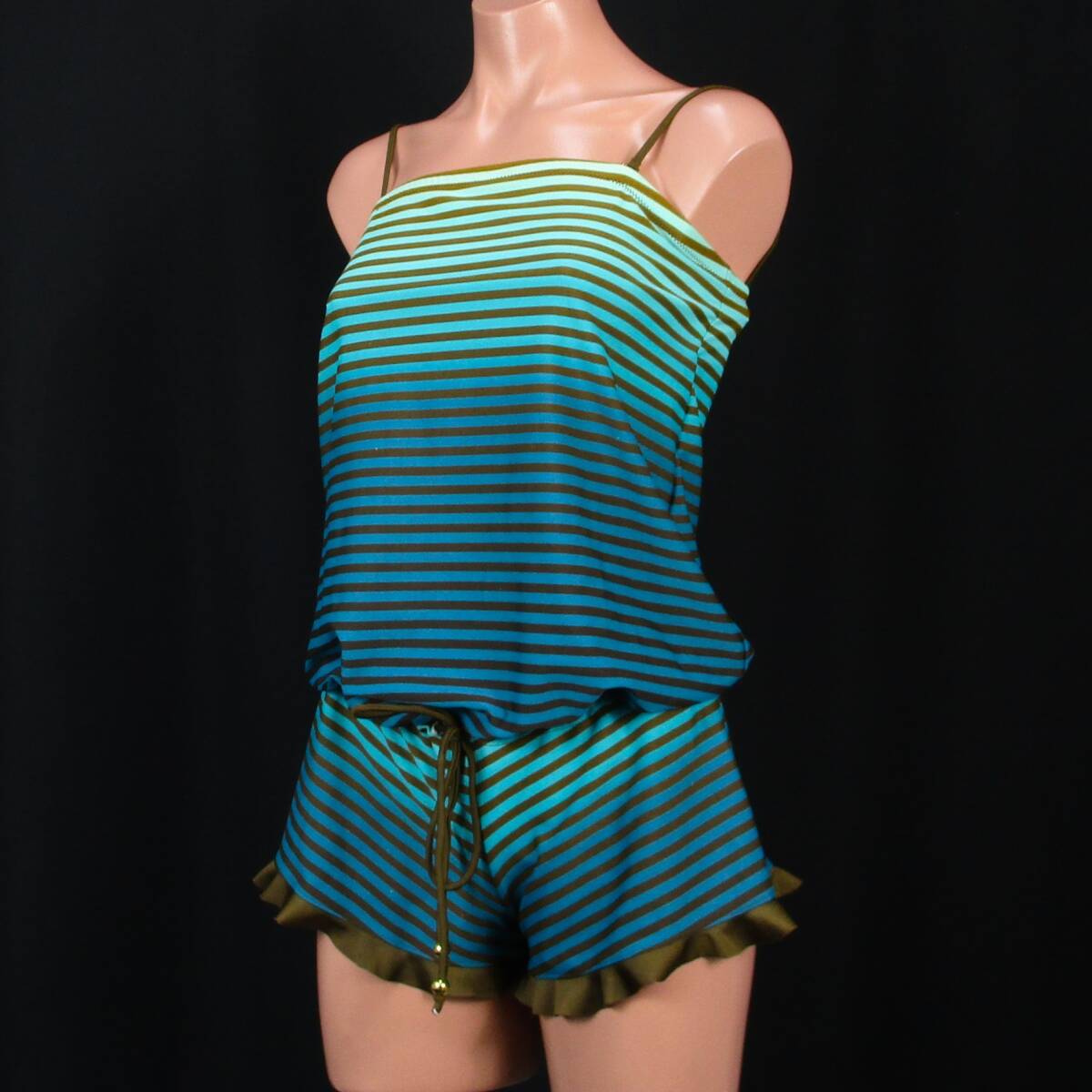 E8989★オールインワン 水着 かわいい ボーダー キラキラ ラメ レディース 7S グリーン系 グラデーション 水泳 スイム プール ビーチ 海拍卖